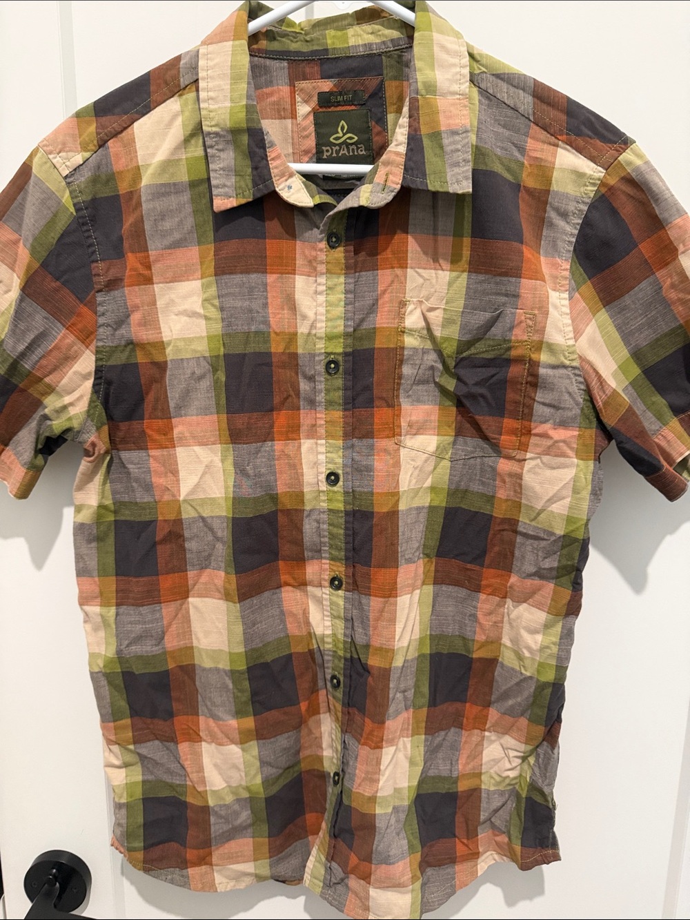 Prana Men’s Plaid Short-Sleeve Button-Up Shirt in Orange, Green & Brown